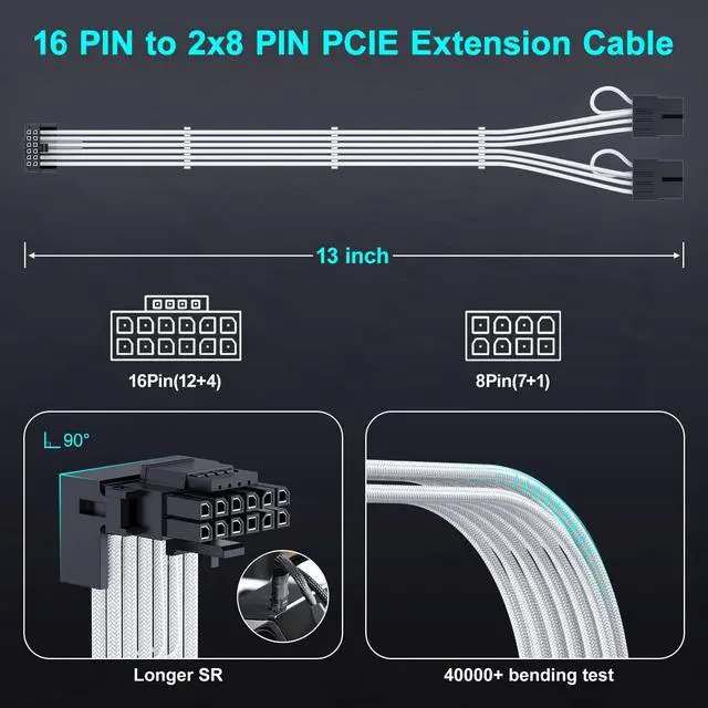 Alt view image 12 of 14 - 16Pin Right Angled RTX 4070 Ti GPU Power Extension Cable, PCIE 5.0 16Pin Male to 2x8Pin Female 12VHPWR 90 Degree GPU Power Adapter Cable for Geforce RTX 4070 5080 5070Ti-13 inch White