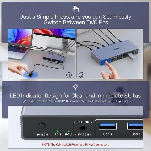Alt view image 11 of 14 - 2 in 1 Out USB A HDMI KVM Switch-2 Computers 1 Monitor,Two Mode Switching,4K@60Hz,5Gbps High-Speed Transmission,4 USB A for Two Computers Sharing One Monitor,DC5V Adapter and Desktop Controller