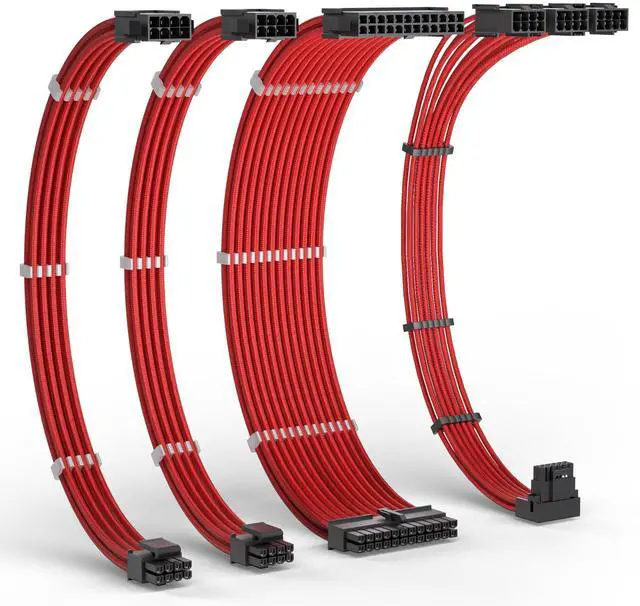 Alt view image 8 of 14 - GCP07 Power Extension Cable Kit - 1x24 Pin, 1x90 Degree 16 Pin, 2x8Pin Sleeved Cable for ATX Power Supply, 30CM Length with Cable Combs, Red