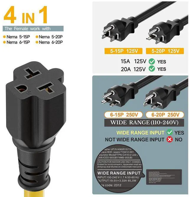 Alt view image 11 of 12 - 6-Feet Nema 5-15P to 4-in-1 Female Adapter Cable, 6-20R 12AWG Heavy Duty EV Charging Power Adapter,15A Household Plug to 6-20R T Blade Adapter Cord Yellow