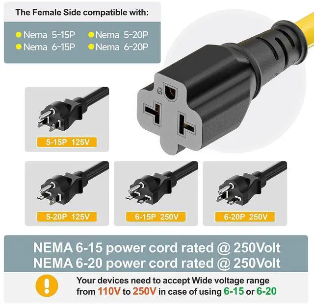 Alt view image 12 of 12 - 6-Feet Nema 5-15P to 4-in-1 Female Adapter Cable, 6-20R 12AWG Heavy Duty EV Charging Power Adapter,15A Household Plug to 6-20R T Blade Adapter Cord Yellow