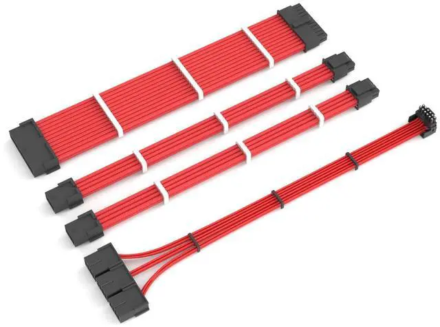 Alt view image 14 of 14 - GCP07 Power Extension Cable Kit - 1x24 Pin, 1x90 Degree 16 Pin, 2x8Pin Sleeved Cable for ATX Power Supply, 30CM Length with Cable Combs, Red