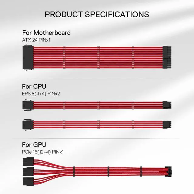 Alt view image 12 of 14 - GCP07 Power Extension Cable Kit - 1x24 Pin, 1x90 Degree 16 Pin, 2x8Pin Sleeved Cable for ATX Power Supply, 30CM Length with Cable Combs, Red