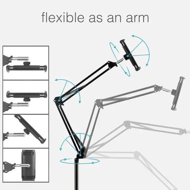 Alt view image 11 of 14 - Tablet Floor Stand with 5LB Metal Base, Overhead Bed Phone Stand Angle Height Adjustable Holder, Universal Floor Stand Compatible with iPhone iPad Pro Air Mini, Samsung Tab, Kindle, E-Readers