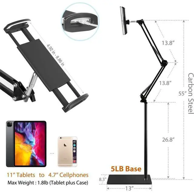 Alt view image 10 of 14 - Tablet Floor Stand with 5LB Metal Base, Overhead Bed Phone Stand Angle Height Adjustable Holder, Universal Floor Stand Compatible with iPhone iPad Pro Air Mini, Samsung Tab, Kindle, E-Readers