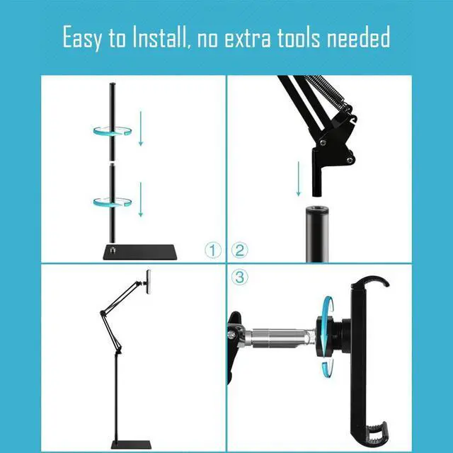 Alt view image 13 of 14 - Tablet Floor Stand with 5LB Metal Base, Overhead Bed Phone Stand Angle Height Adjustable Holder, Universal Floor Stand Compatible with iPhone iPad Pro Air Mini, Samsung Tab, Kindle, E-Readers