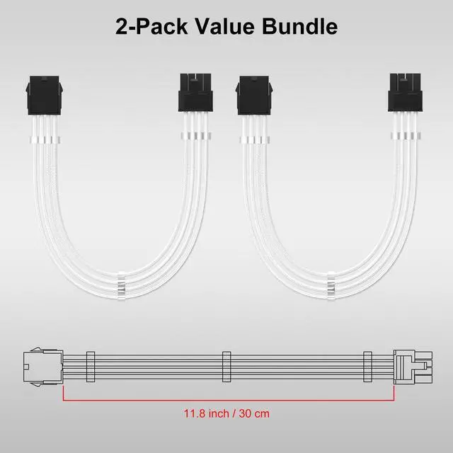 Alt view image 14 of 14 - 8 Pin PCI Express Power Extension Cable, 11.8 inch White Braided GPU Sleeve Power Cord with 6 Cable Combs, Male to Female Extension Cord for Graphics Card, 2 Pack