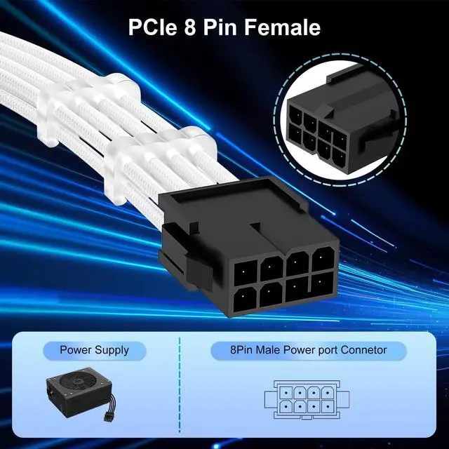 Alt view image 11 of 14 - 8 Pin PCI Express Power Extension Cable, 11.8 inch White Braided GPU Sleeve Power Cord with 6 Cable Combs, Male to Female Extension Cord for Graphics Card, 2 Pack
