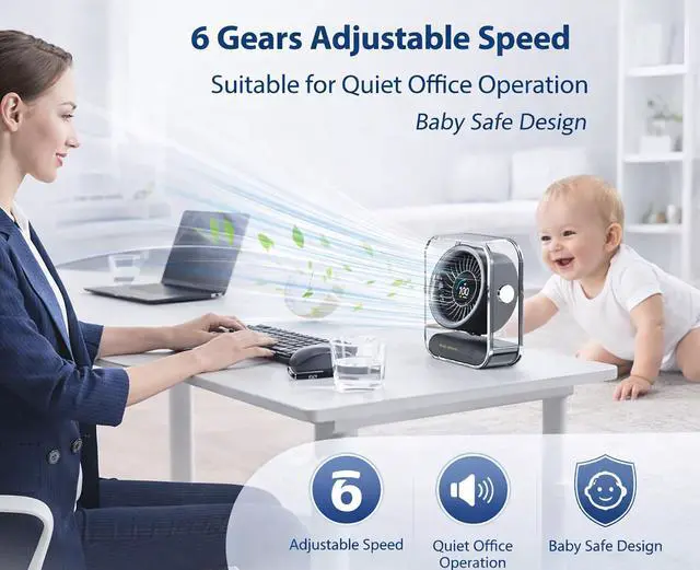Alt view image 9 of 14 - Desk Fan, 4000mAh Quiet Table Fan with Turbo Airflow, 6-Gear Speed Digital Display & 30° Adjustable Tilt, Rechargeable Battery Portable Fan for Home, Office, Travel (Black)