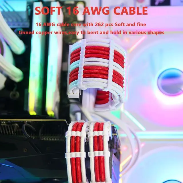 Alt view image 10 of 14 - PSU Cable Extension,Customed Pre-Bend PC Power Supply Cable,1x 24 Pin ATX / 1x 8 (4+4) Pin EPS/Longer 2X 8 (6+2) Gold-Plated Pin Pcie,Nylon Sleeved Red White,4 Kits