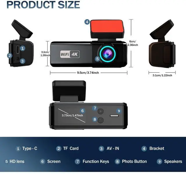 Alt view image 9 of 14 - 4K Dash Cam, Front and Rear Dual Dash Camera for Cars with 64GB Card, 5.8GHz WiFi, 360° Swivel Rear Camera, App Control, WDR, G-Sensor, Night Vision, Loop Recording, Parking Mode