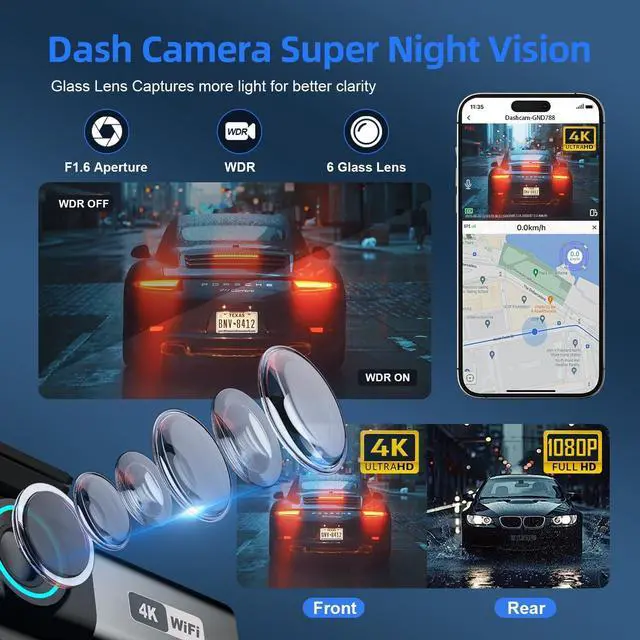 Alt view image 11 of 14 - 4K Dash Cam, Front and Rear Dual Dash Camera for Cars with 64GB Card, 5.8GHz WiFi, 360° Swivel Rear Camera, App Control, WDR, G-Sensor, Night Vision, Loop Recording, Parking Mode