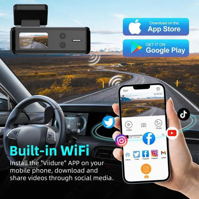 Alt view image 14 of 14 - 4K Dash Cam, Front and Rear Dual Dash Camera for Cars with 64GB Card, 5.8GHz WiFi, 360° Swivel Rear Camera, App Control, WDR, G-Sensor, Night Vision, Loop Recording, Parking Mode