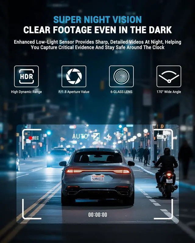 Alt view image 11 of 14 - 4K Dash Cam Front for Cars, Free Hardwire Kit & 64GB Sd Card Included WiFi 6, App Control, UHD 2160P, Built-in G-Sensor, Loop Recording, Night Vision, 170° Wide Angle, 24H Parking, WDR