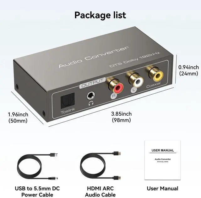 Alt view image 14 of 14 - HDMI ARC to RCA Audio Converter 3 in 1 Digital to Analog Audio Converter with Optical Coaxial ARC Input Toslink Coaxial RCA AUX Output Support Dolby DTS LPCM for TV Soundbar Home Theater