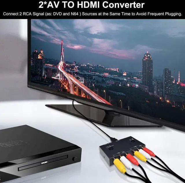 Alt view image 14 of 14 - 2 RCA to HDMI, 1080P 2 Way RCA Composite CVBS AV Switch to HDMI Video Audio Converter Adapter Supporting 4:3/16:9, for PC Laptop Xbox PS2 PS3 N64 NGC SNES WII VHS VCR Camera DVD