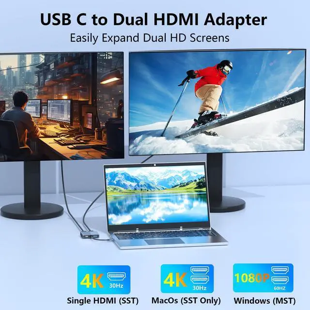 Alt view image 9 of 14 - HDMI Splitter for Dual Monitors, Dual HDMI Adapter for 2 Monitors with USB3.0, 100W PD, HDTV Splitter Extended Display, USB C Hub Multiple Port, Laptop Docking Station for Dell/HP/Mac