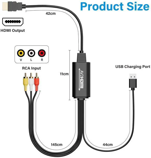 Alt view image 8 of 12 - Unidirectional 3 RCA to HDMI Converter Cable 10 Ft, 1080P Composite CVBS AV Audio Video Adapter with USB Power for PAL/NTSC PC Xbox PS4 TV STB VHS VCR Camera DVD-NOT HDMI to RCA