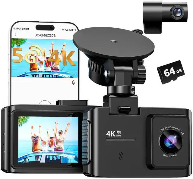 Alt view image 8 of 14 - Dash Cam Front and Rear: 4K Dual Channel Dash Cam - 5GHz WiFi, Dash Camera for Cars with 64GB Card, 2" IPS, App Control, G-Sensor, Loop Recording, 170° Wide Angle, Night Vision, 24H Parking Mode