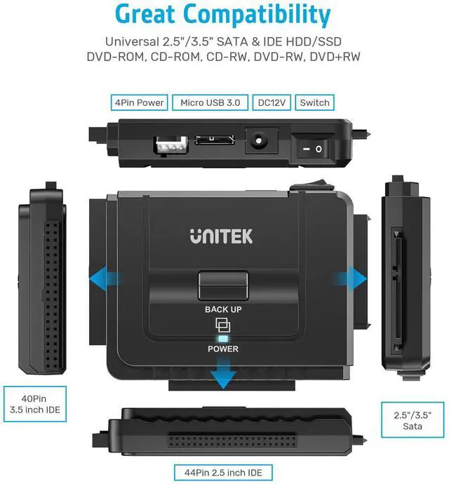 Alt view image 10 of 14 - USB 3.0 to IDE and SATA Converter External Hard Drive Adapter Kit for Universal 2.5/3.5 HDD/SSD Hard Drive Disk, One Touch Backup Function, Included 12V/2A Power Adapter