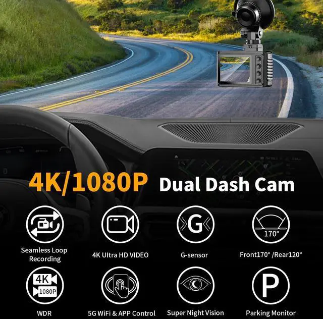 Alt view image 9 of 14 - Dash Cam Front and Rear: 4K Dual Channel Dash Cam - 5GHz WiFi, Dash Camera for Cars with 64GB Card, 2" IPS, App Control, G-Sensor, Loop Recording, 170° Wide Angle, Night Vision, 24H Parking Mode