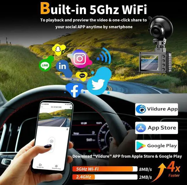 Alt view image 11 of 14 - Dash Cam Front and Rear: 4K Dual Channel Dash Cam - 5GHz WiFi, Dash Camera for Cars with 64GB Card, 2" IPS, App Control, G-Sensor, Loop Recording, 170° Wide Angle, Night Vision, 24H Parking Mode