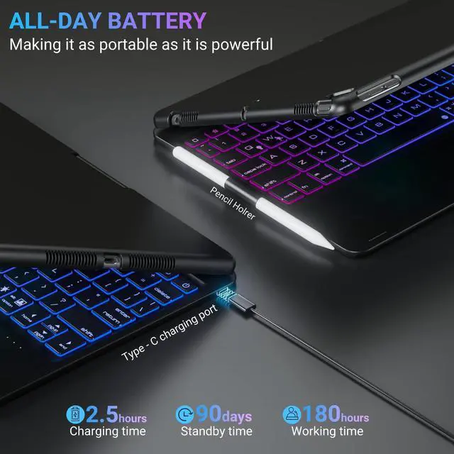 Alt view image 14 of 14 - Swivel Keyboard Case for iPad 10.2 inch 9th 8th 7th, iPad Air 3rd and iPad Pro 10.5 2nd Generation; Rotatable Cover with Pencil Holder, Multi-Touch Trackpad, RGB Backlit, Black
