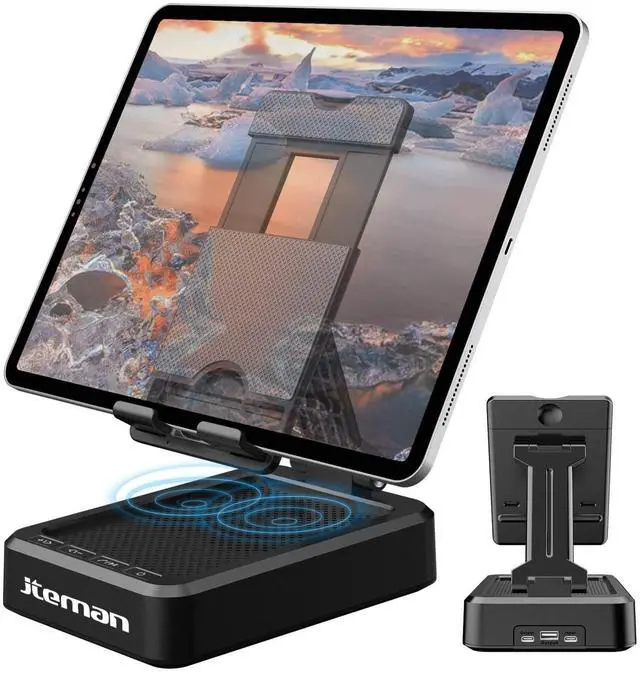 Alt view image 8 of 14 - Tablet Stand Adjustable with Bluetooth Speakers,Kitchen Gadgets,Gifts for Women Men,Wireless Bluetooth Speaker Tablet Holder,Desk Mic Charging Sation Compatible with Phones and Tablet