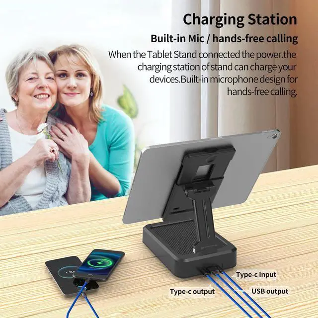 Alt view image 11 of 14 - Tablet Stand Adjustable with Bluetooth Speakers,Kitchen Gadgets,Gifts for Women Men,Wireless Bluetooth Speaker Tablet Holder,Desk Mic Charging Sation Compatible with Phones and Tablet