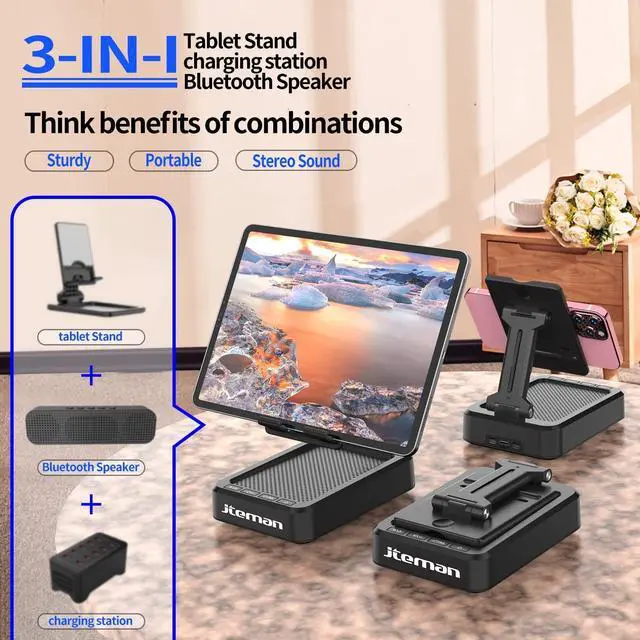Alt view image 9 of 14 - Tablet Stand Adjustable with Bluetooth Speakers,Kitchen Gadgets,Gifts for Women Men,Wireless Bluetooth Speaker Tablet Holder,Desk Mic Charging Sation Compatible with Phones and Tablet