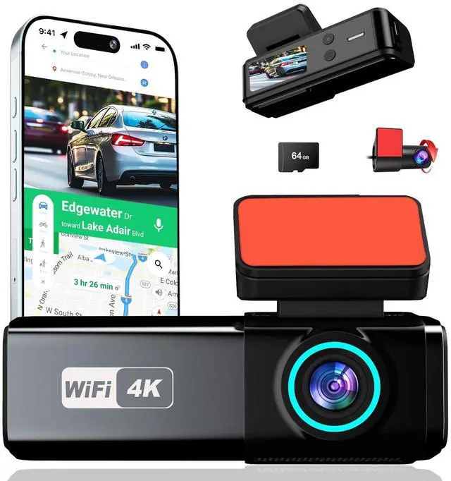 Alt view image 8 of 14 - 4K Dash Cam, Front and Rear Dual Dash Camera for Cars with 64GB Card, 5.8GHz WiFi, 360° Swivel Rear Camera, App Control, WDR, G-Sensor, Night Vision, Loop Recording, Parking Mode
