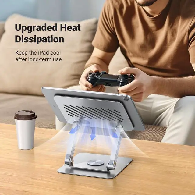 Alt view image 13 of 14 - Tablet Stand Holder for Desk with 360° Rotating Base Aluminum Dual Rod Support Adjustable Home Office Accessories Compatible with iPad Pro 13 12 11 Air Mini 5 4 3 Phone E-Reader Silver