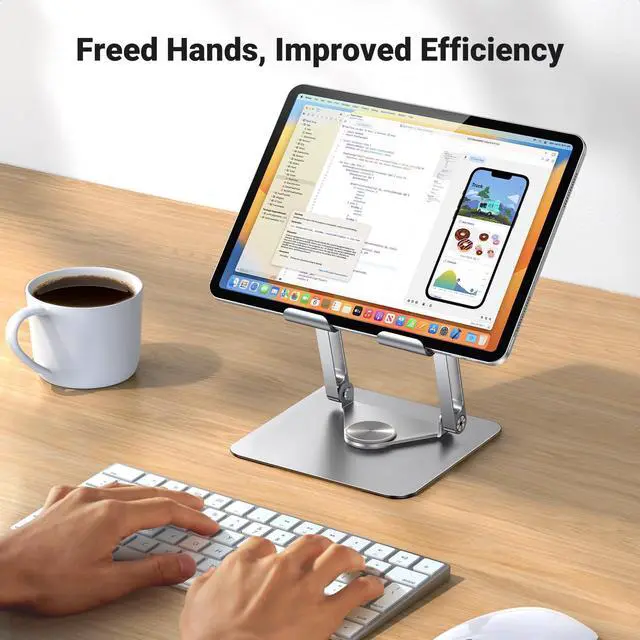 Alt view image 10 of 14 - Tablet Stand Holder for Desk with 360° Rotating Base Aluminum Dual Rod Support Adjustable Home Office Accessories Compatible with iPad Pro 13 12 11 Air Mini 5 4 3 Phone E-Reader Silver