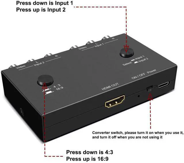 Alt view image 12 of 14 - 2 RCA to HDMI, 1080P 2 Way RCA Composite CVBS AV Switch to HDMI Video Audio Converter Adapter Supporting 4:3/16:9, for PC Laptop Xbox PS2 PS3 N64 NGC SNES WII VHS VCR Camera DVD