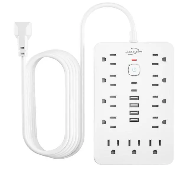 Alt view image 8 of 14 - 10 FT Flat Plug Surge Protector Power Strip,11 Multiple AC Outlets with 6 USB Ports (2 USB C), 6 Feet Extension Cord, 1250W/10A, One Touch Switch Button, White