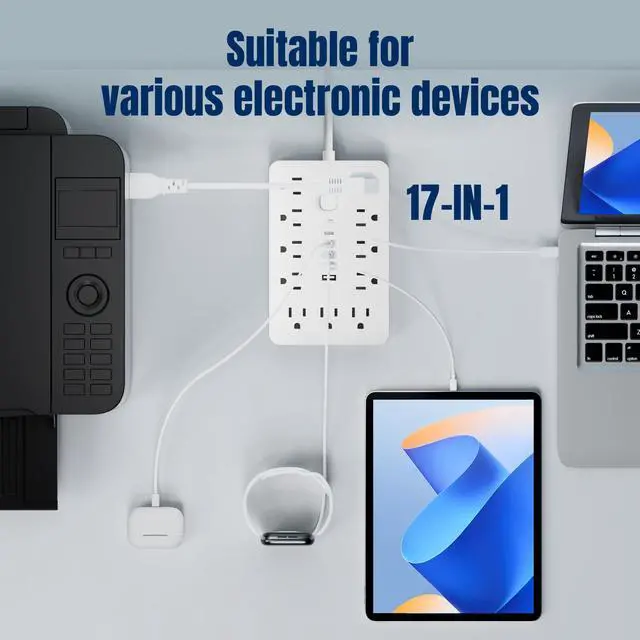 Alt view image 13 of 14 - 10 FT Flat Plug Surge Protector Power Strip,11 Multiple AC Outlets with 6 USB Ports (2 USB C), 6 Feet Extension Cord, 1250W/10A, One Touch Switch Button, White