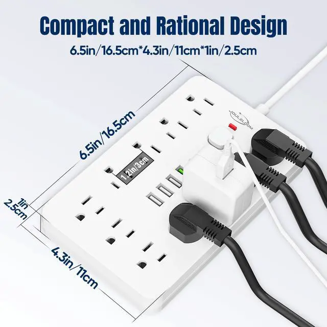Alt view image 14 of 14 - 10 FT Flat Plug Surge Protector Power Strip,11 Multiple AC Outlets with 6 USB Ports (2 USB C), 6 Feet Extension Cord, 1250W/10A, One Touch Switch Button, White