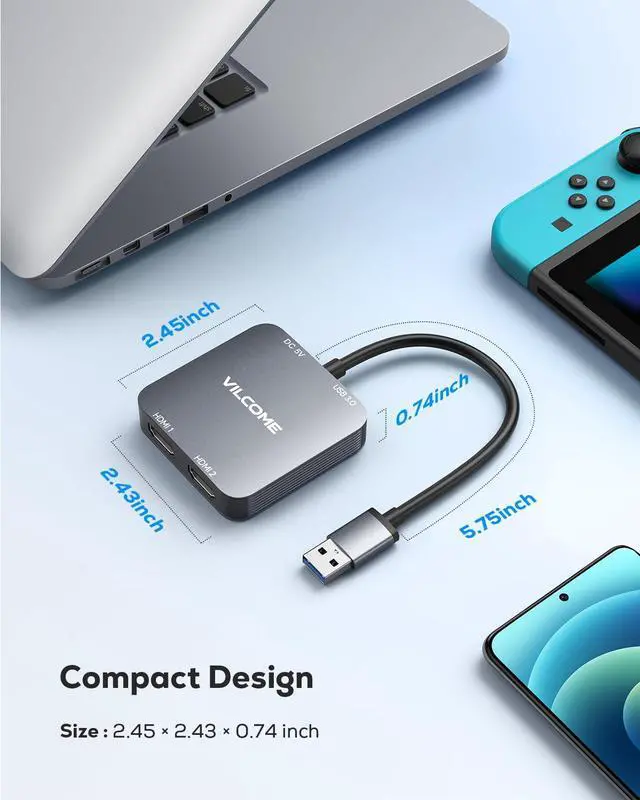 Alt view image 14 of 14 - USB to HDMI Adapter, USB 3.0 to Dual HDMI Adapter with USB 3.0 Port, Audio Video Graphics Converter Cable for Laptop Monitor Desktop TV, Compatible with Mac OS, Windows