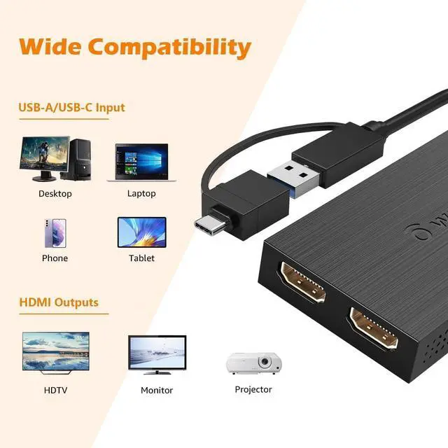Alt view image 12 of 14 - HDMI Splitter Extended Display for Dual Monitor, USB A or USB-C to Dual HDMI Adapter, Multi-Monitor Display 3 Separate Screens for Windows and macOS,4K30Hz,1080p@60Hz