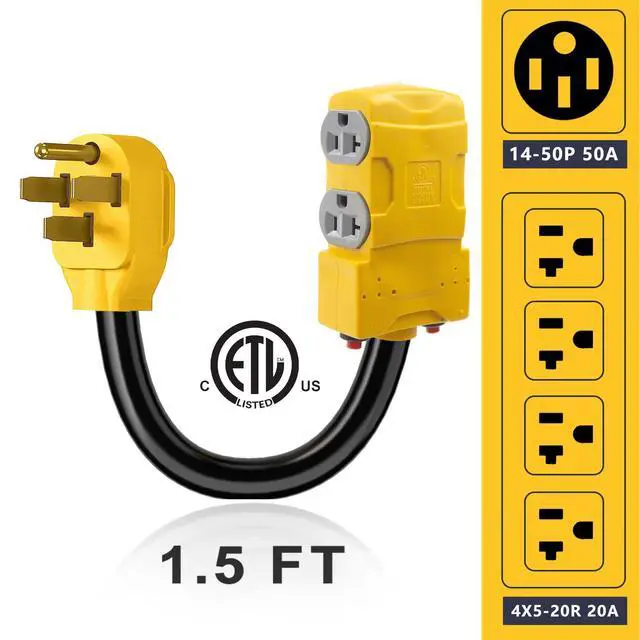 Alt view image 9 of 14 - 50 Amp to 20 Amp 110V RV Distribution Adapter, NEMA 14-50P to 4 X 5-20R/15R RV Generator Adapter, 4-Prong to Mutiple Household Outlet w/ 20amp Circuit Breaker, 1.5FT