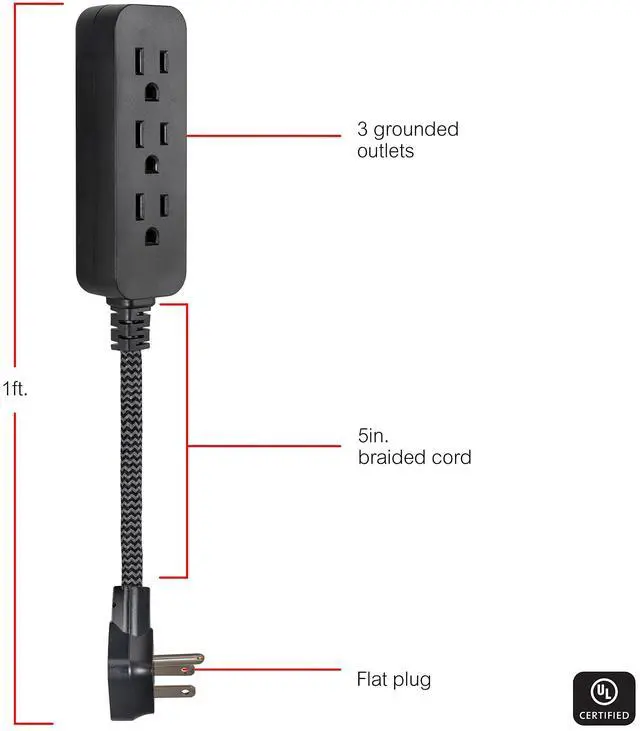Alt view image 9 of 14 - 3-Outlet Power Strip Mini Extension Cord with Multiple Outlets 5 Inch Braided Short Cord Extension Cord Grounded Flat Plug Extension Cord ETL Listed 2 Pack Black 53240