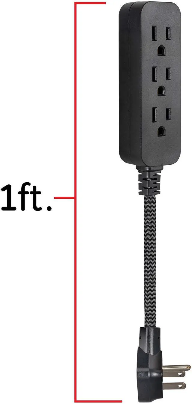 Alt view image 10 of 14 - 3-Outlet Power Strip Mini Extension Cord with Multiple Outlets 5 Inch Braided Short Cord Extension Cord Grounded Flat Plug Extension Cord ETL Listed 2 Pack Black 53240