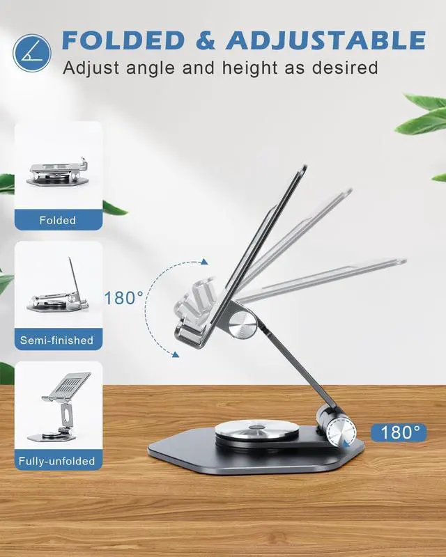 Alt view image 10 of 14 - Foldable Aluminum Tablet Stand for Desk, 360° Swivel iPad & Tablet Holder Portable & Stable Desktop Mount for 512.9in Devices, Grey