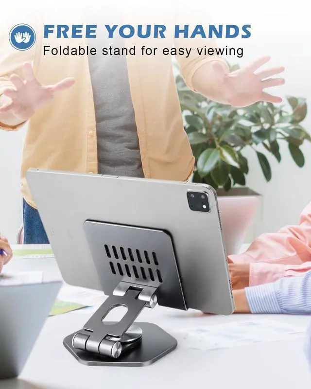 Alt view image 11 of 14 - Foldable Aluminum Tablet Stand for Desk, 360° Swivel iPad & Tablet Holder Portable & Stable Desktop Mount for 512.9in Devices, Grey