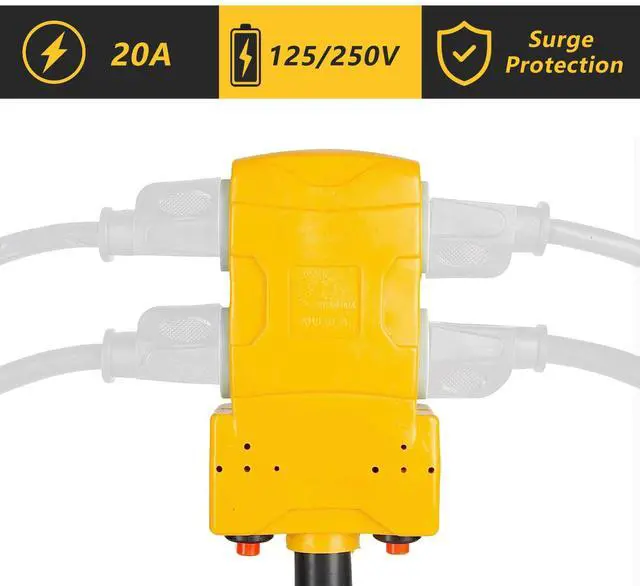Alt view image 10 of 14 - 50 Amp to 20 Amp 110V RV Distribution Adapter, NEMA 14-50P to 4 X 5-20R/15R RV Generator Adapter, 4-Prong to Mutiple Household Outlet w/ 20amp Circuit Breaker, 1.5FT