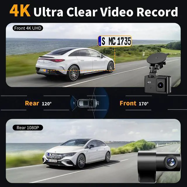 Alt view image 10 of 14 - Dash Cam Front and Rear: 4K Dual Channel Dash Cam - 5GHz WiFi, Dash Camera for Cars with 64GB Card, 2" IPS, App Control, G-Sensor, Loop Recording, 170° Wide Angle, Night Vision, 24H Parking Mode