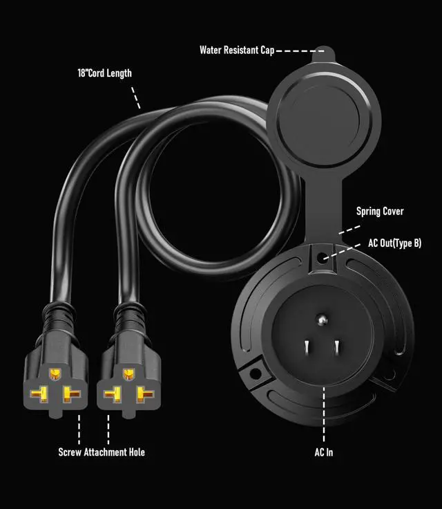 Alt view image 14 of 14 - Heavy-Duty 20A 125V RV Shore Power Inlet with Dual 17" 5-in-1 T-Blade Adapters, 12AWG Cord RV Plug & Waterproof AC Port Plug, Outdoor Electrical Receptacle for RV, Boat, Trailer