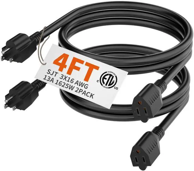 Alt view image 8 of 14 - 4 FT2 Pack 16 Gauge Black Indoor Outdoor Extension Cord Waterproof, Flexible Cold Weather 3 Prong Electric Cord Outside, 13A 1625W 125V 16AWG SJTW, ETL Listed