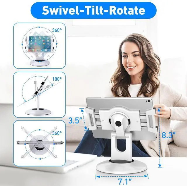 Alt view image 11 of 14 - iPad Stand, 360° Rotating Commercial POS Tablet Stand, Fits 6"-13" (Screens) iPad mini Pro-Business Swivel Tablet Holder, for Store Office Reception Kitchen Desktop (White)