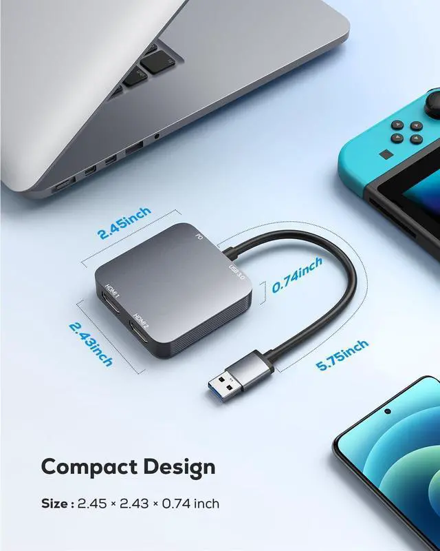 Alt view image 10 of 14 - USB 3.0 to Dual HDMI Adapter with USB 3.0 Port, HDMI to USB Audio Video Graphics Converter Cable for Laptop Monitor Desktop TV, Compatible with Mac OS, Windows